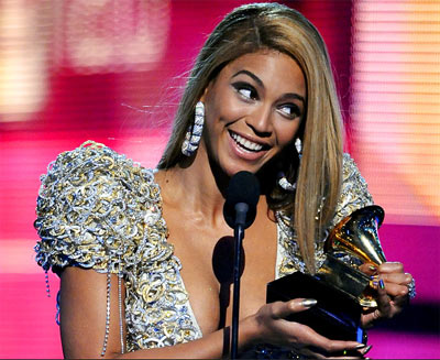 Photo of Beyonce Knowles accepting an award at the 52nd Grammy Awards